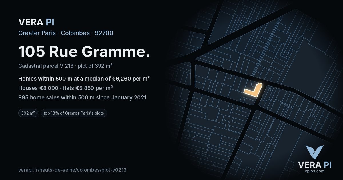 105 Rue Gramme, Colombes at night – the plot lit, the parcels around coloured by the prices near them