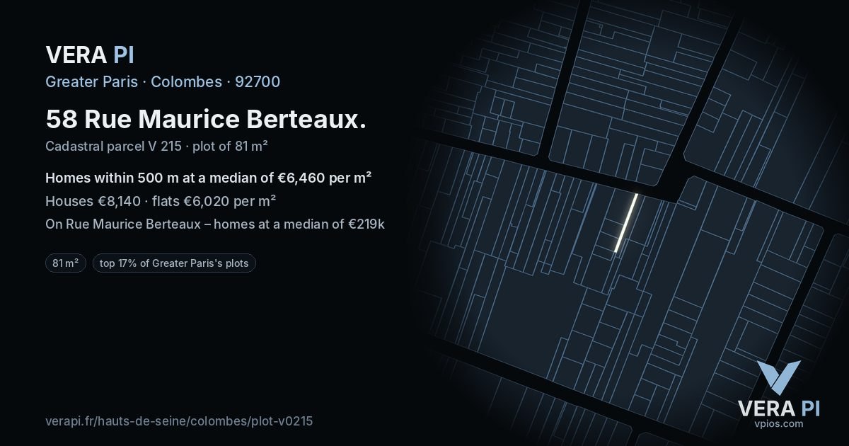 58 Rue Maurice Berteaux, Colombes at night – the plot lit, the parcels around coloured by the prices near them