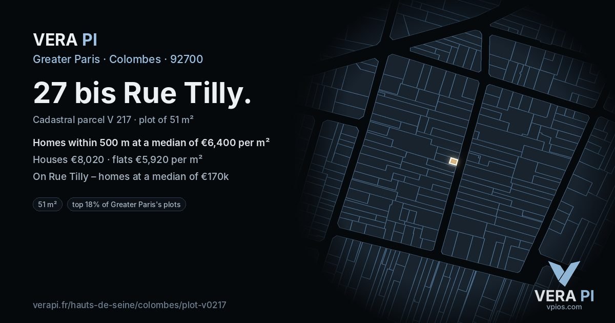 27 bis Rue Tilly, Colombes at night – the plot lit, the parcels around coloured by the prices near them