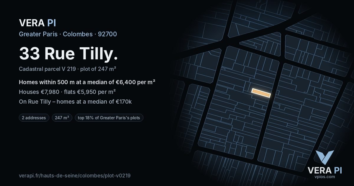 33 Rue Tilly, Colombes at night – the plot lit, the parcels around coloured by the prices near them