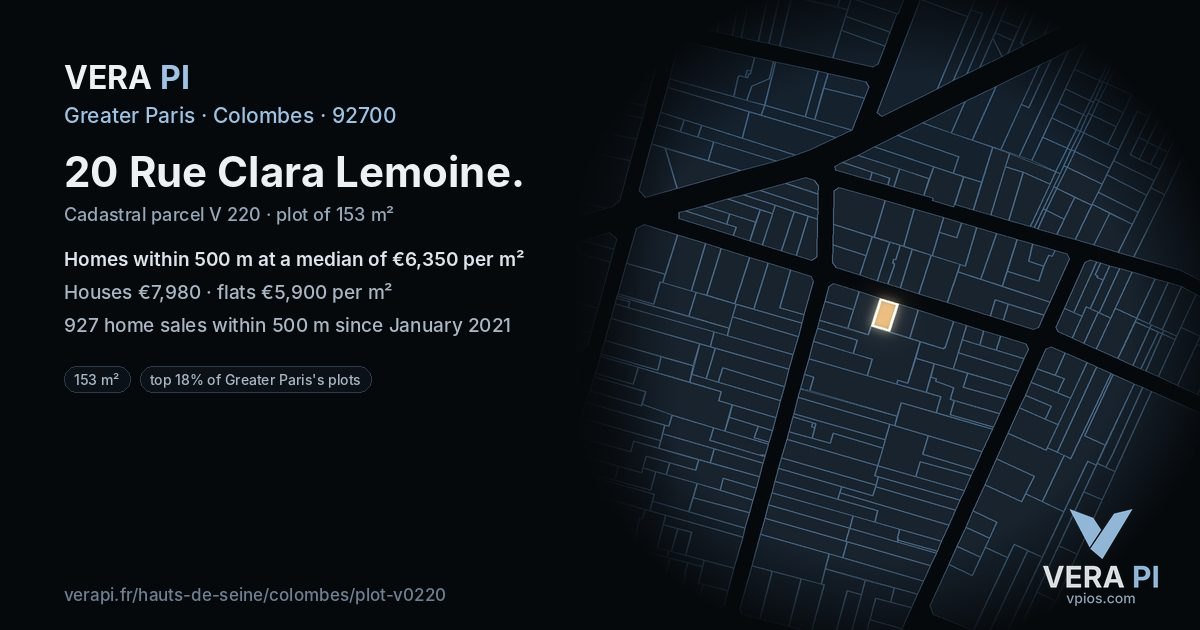 20 Rue Clara Lemoine, Colombes at night – the plot lit, the parcels around coloured by the prices near them