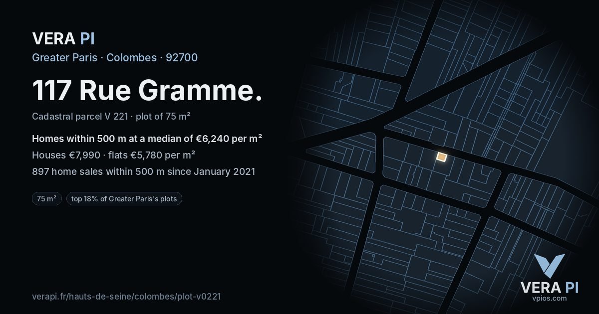 117 Rue Gramme, Colombes at night – the plot lit, the parcels around coloured by the prices near them