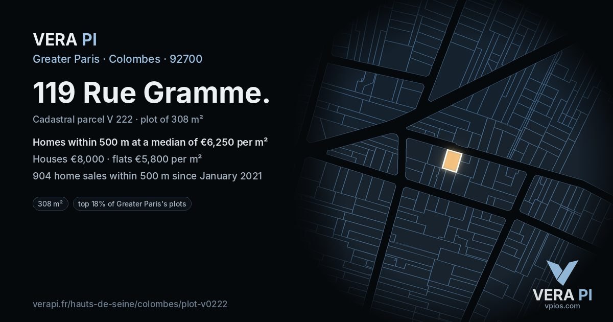 119 Rue Gramme, Colombes at night – the plot lit, the parcels around coloured by the prices near them