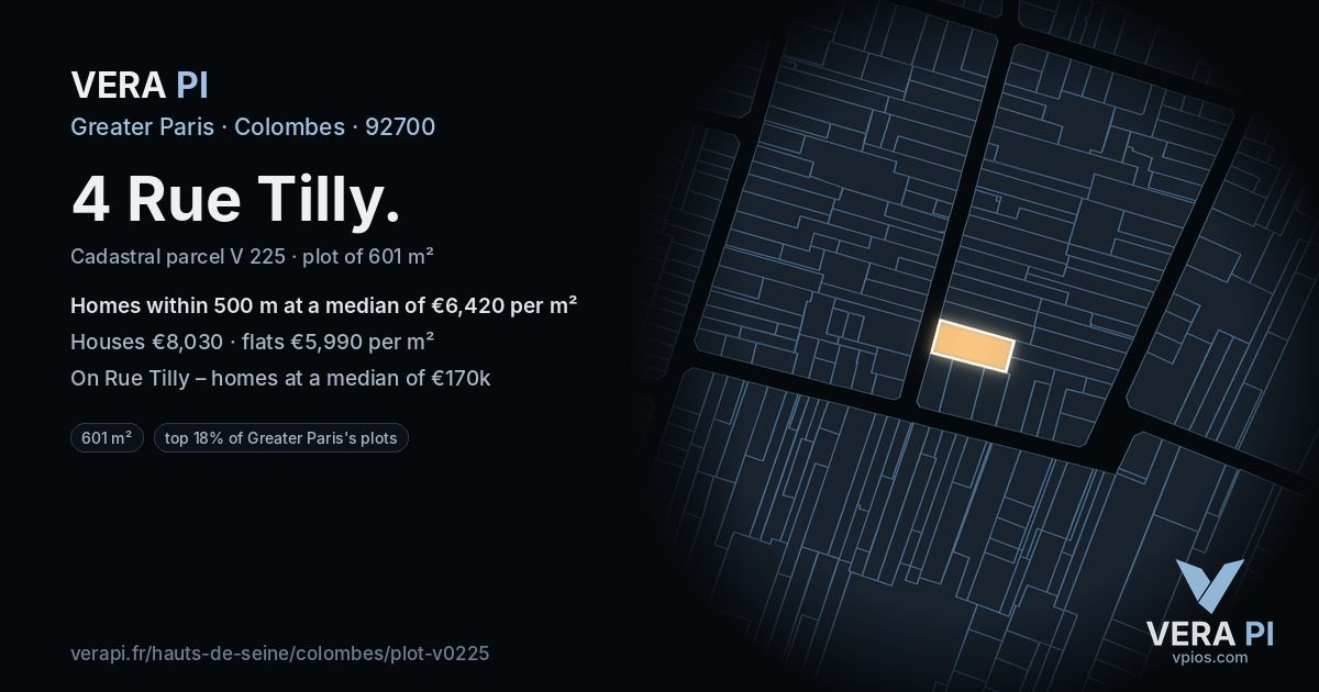 4 Rue Tilly, Colombes at night – the plot lit, the parcels around coloured by the prices near them
