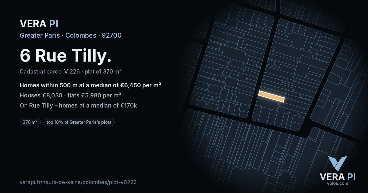 6 Rue Tilly, Colombes at night – the plot lit, the parcels around coloured by the prices near them
