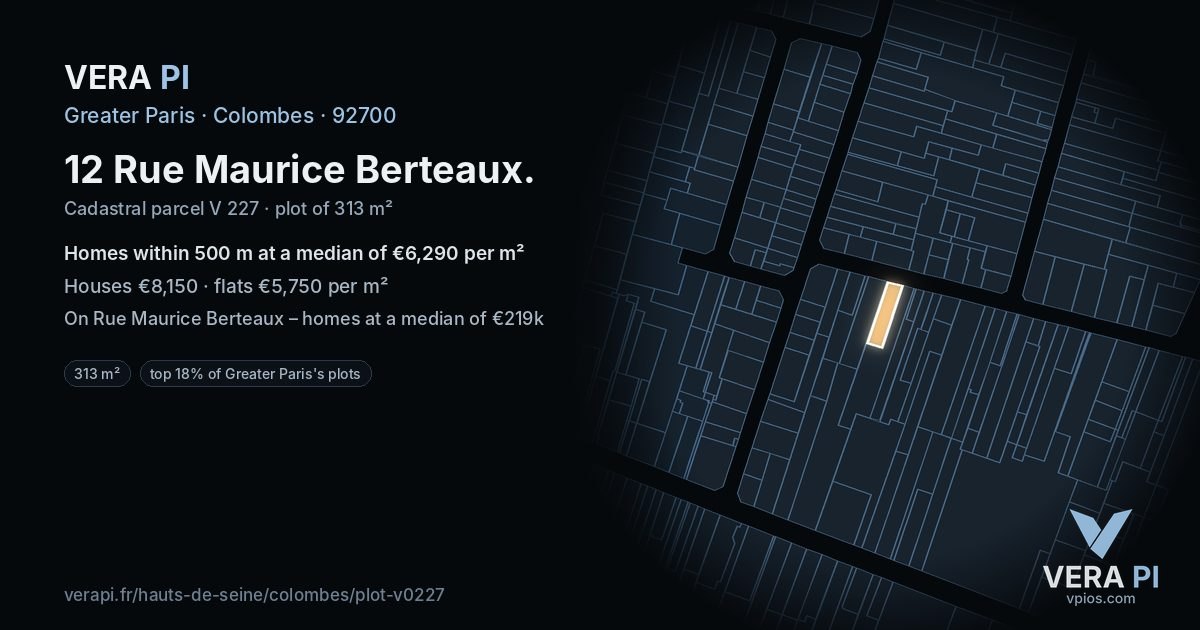 12 Rue Maurice Berteaux, Colombes at night – the plot lit, the parcels around coloured by the prices near them
