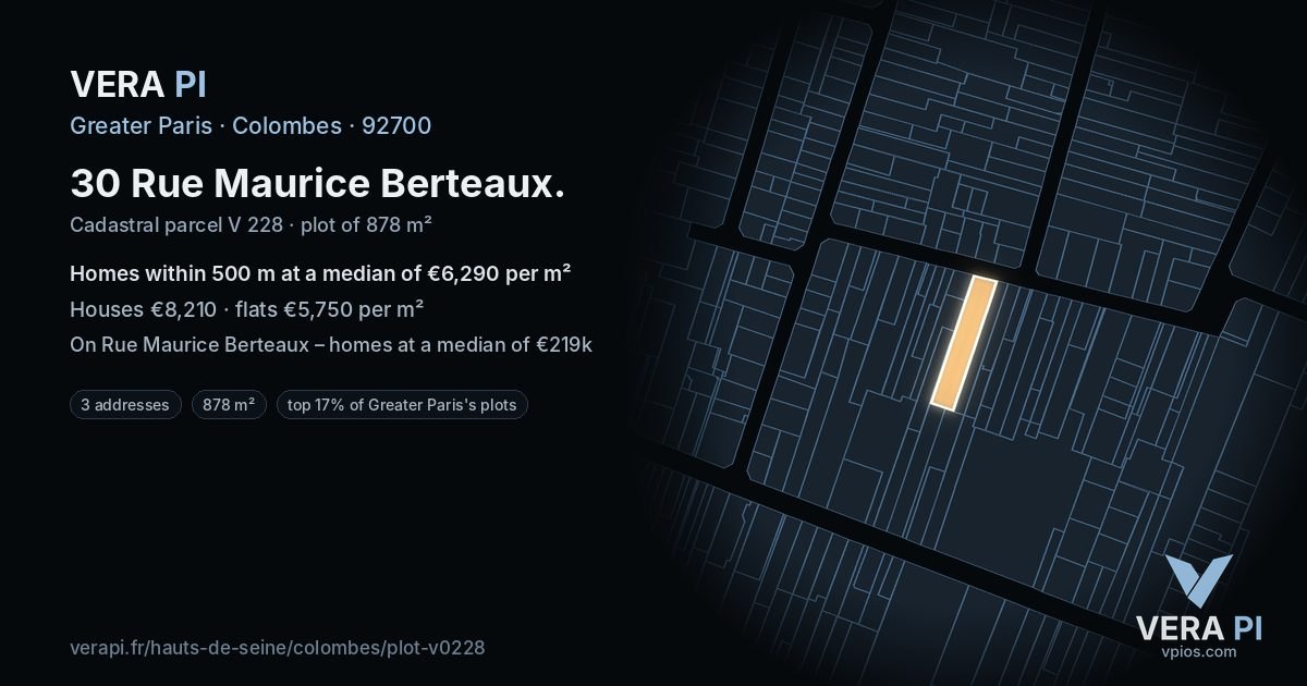 30 Rue Maurice Berteaux, Colombes at night – the plot lit, the parcels around coloured by the prices near them