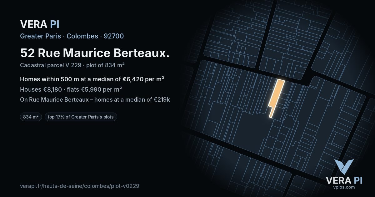 52 Rue Maurice Berteaux, Colombes at night – the plot lit, the parcels around coloured by the prices near them