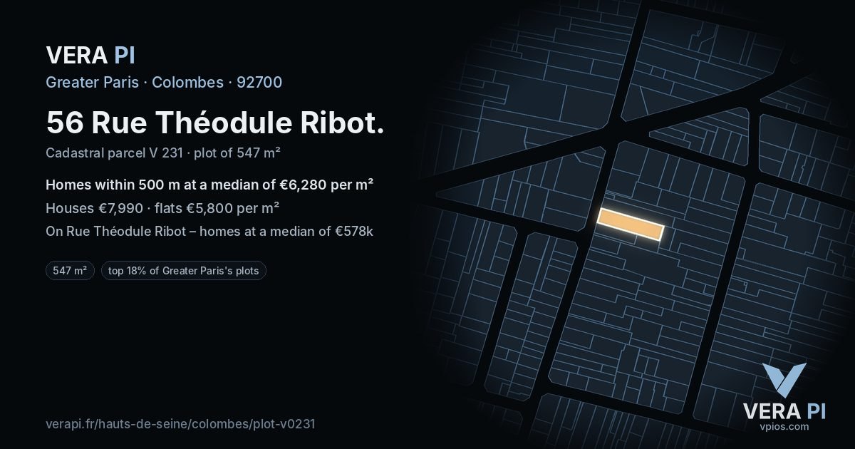 56 Rue Théodule Ribot, Colombes at night – the plot lit, the parcels around coloured by the prices near them