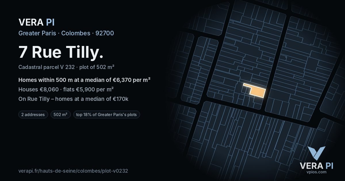 7 Rue Tilly, Colombes at night – the plot lit, the parcels around coloured by the prices near them