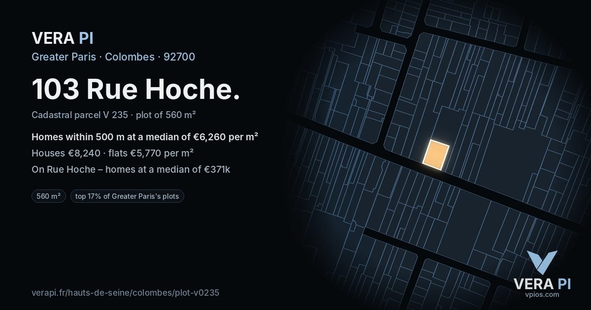 103 Rue Hoche, Colombes at night – the plot lit, the parcels around coloured by the prices near them
