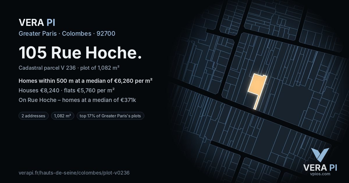 105 Rue Hoche, Colombes at night – the plot lit, the parcels around coloured by the prices near them