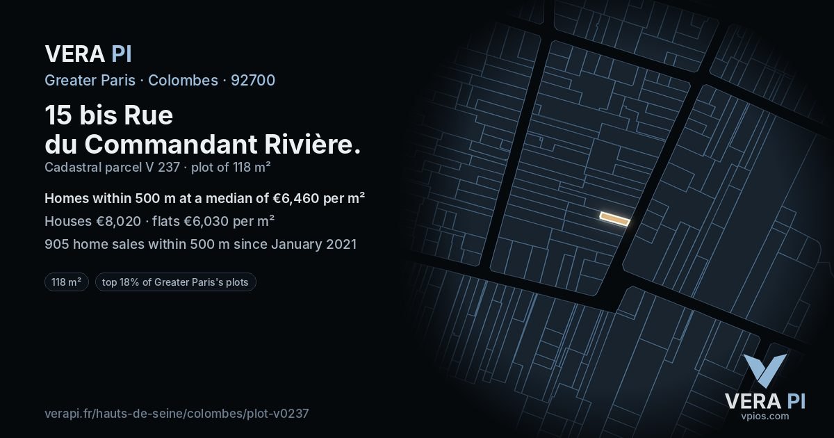 15 bis Rue du Commandant Rivière, Colombes at night – the plot lit, the parcels around coloured by the prices near them