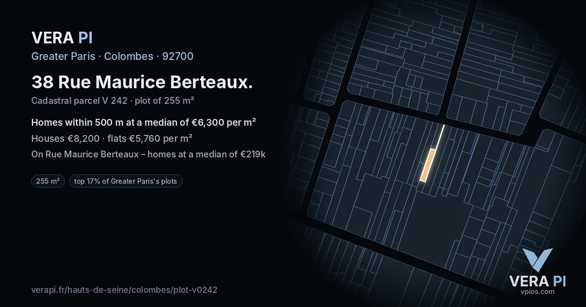 38 Rue Maurice Berteaux, Colombes at night – the plot lit, the parcels around coloured by the prices near them