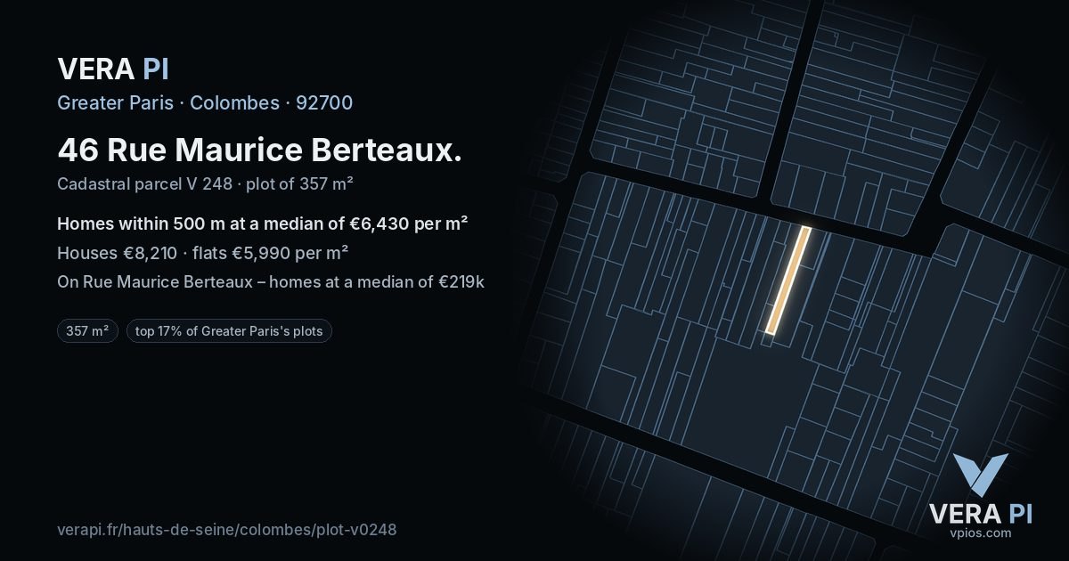 46 Rue Maurice Berteaux, Colombes at night – the plot lit, the parcels around coloured by the prices near them