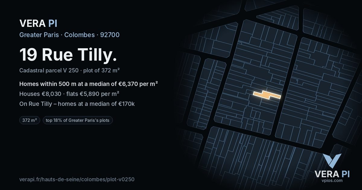 19 Rue Tilly, Colombes at night – the plot lit, the parcels around coloured by the prices near them