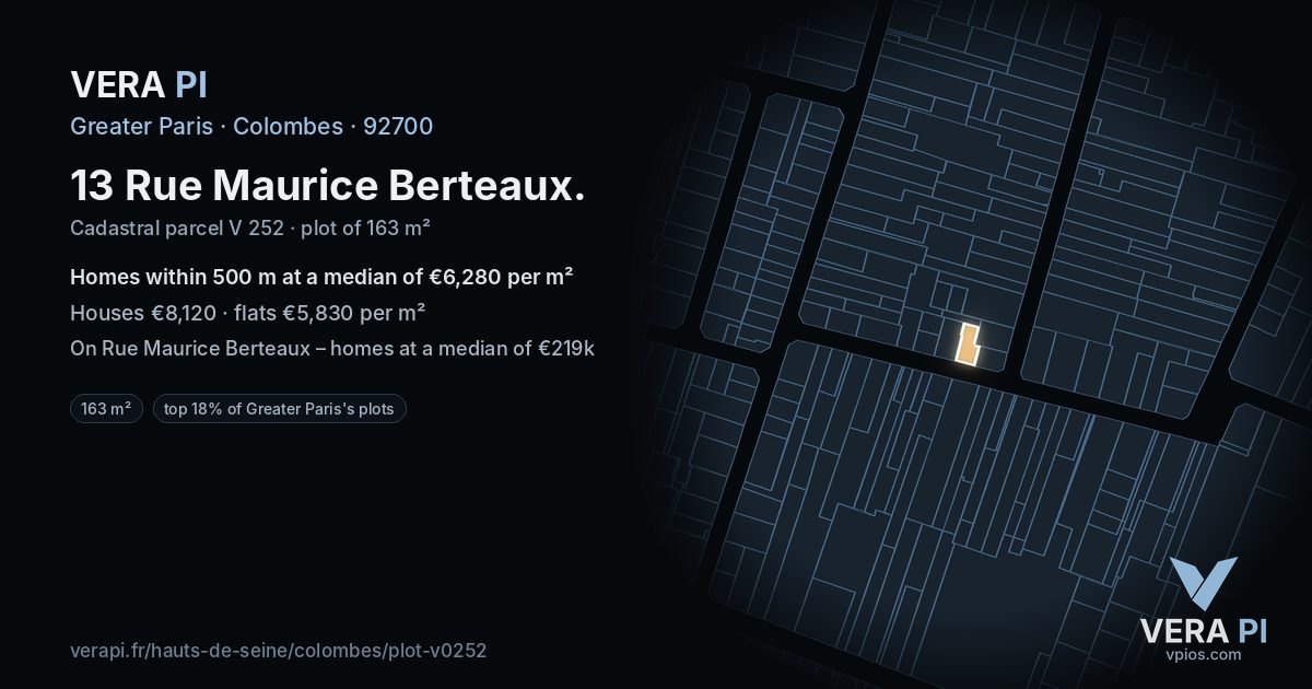 13 Rue Maurice Berteaux, Colombes at night – the plot lit, the parcels around coloured by the prices near them