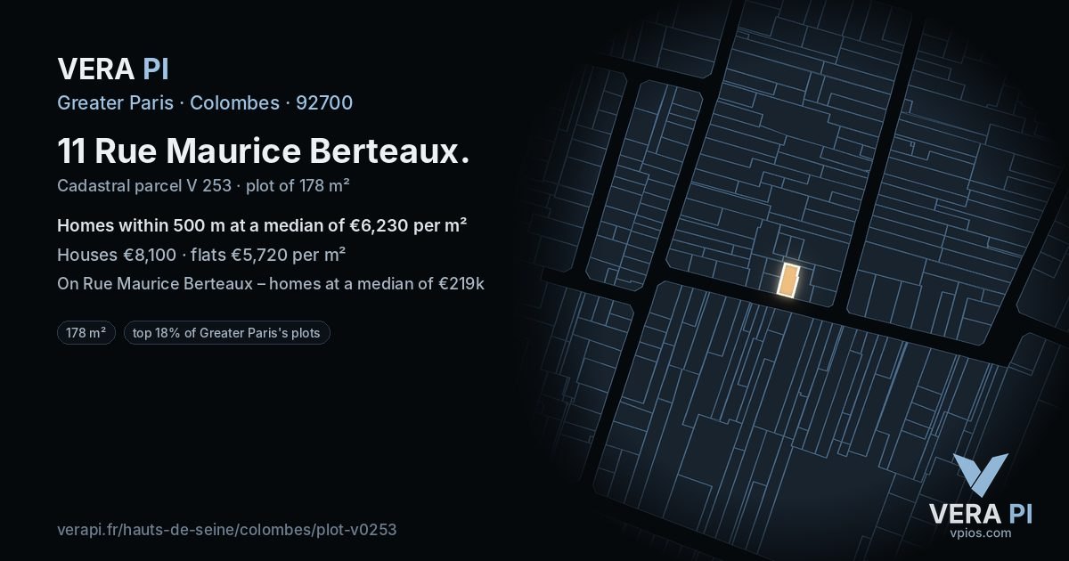 11 Rue Maurice Berteaux, Colombes at night – the plot lit, the parcels around coloured by the prices near them