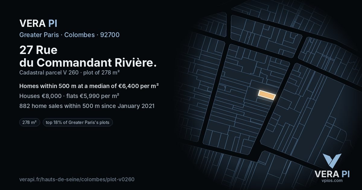 27 Rue du Commandant Rivière, Colombes at night – the plot lit, the parcels around coloured by the prices near them