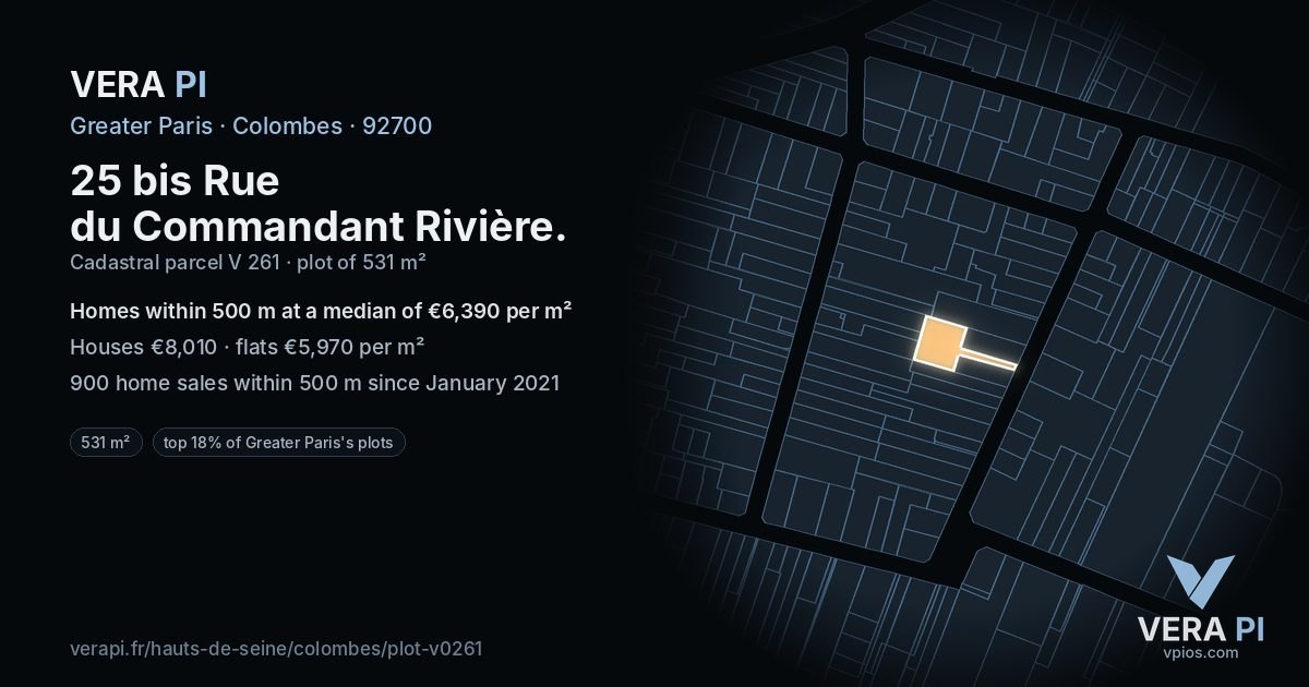 25 bis Rue du Commandant Rivière, Colombes at night – the plot lit, the parcels around coloured by the prices near them