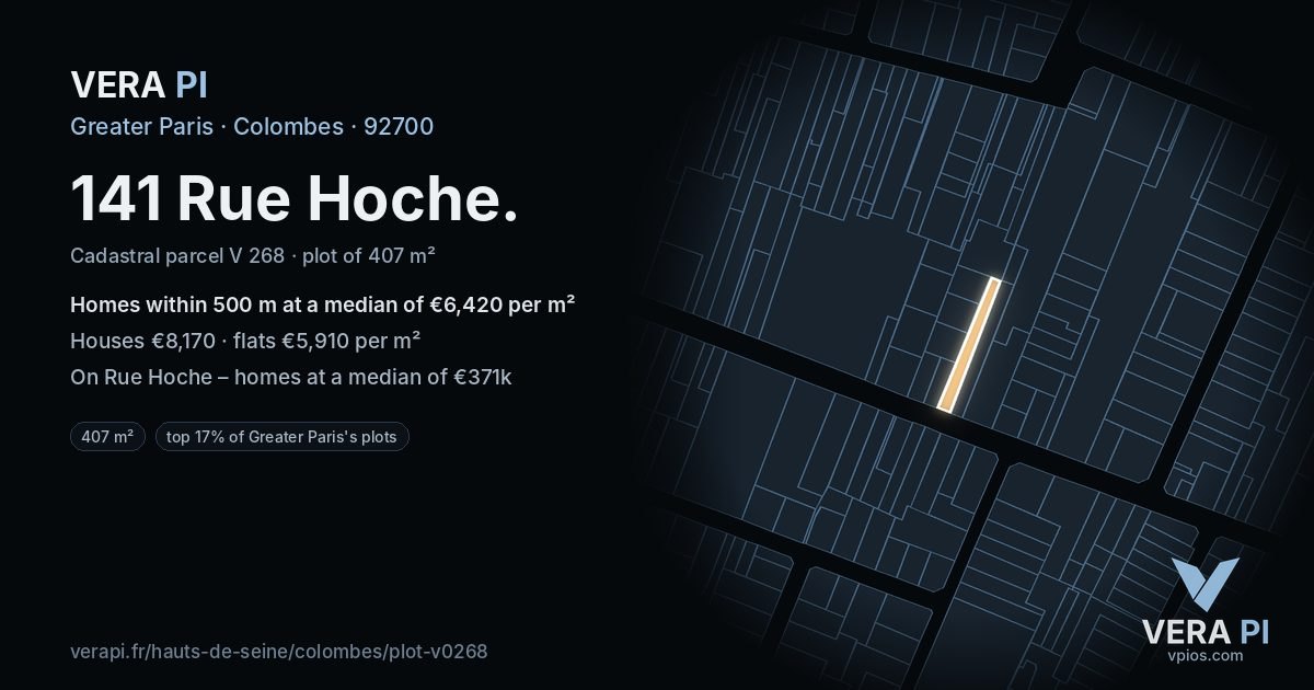 141 Rue Hoche, Colombes at night – the plot lit, the parcels around coloured by the prices near them