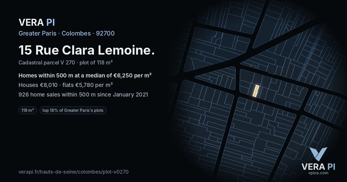15 Rue Clara Lemoine, Colombes at night – the plot lit, the parcels around coloured by the prices near them