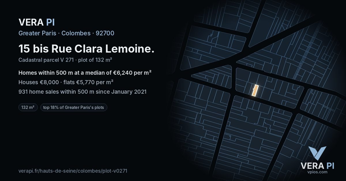 15 bis Rue Clara Lemoine, Colombes at night – the plot lit, the parcels around coloured by the prices near them