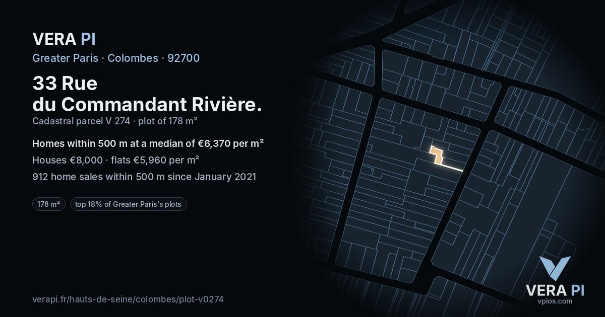 33 Rue du Commandant Rivière, Colombes at night – the plot lit, the parcels around coloured by the prices near them