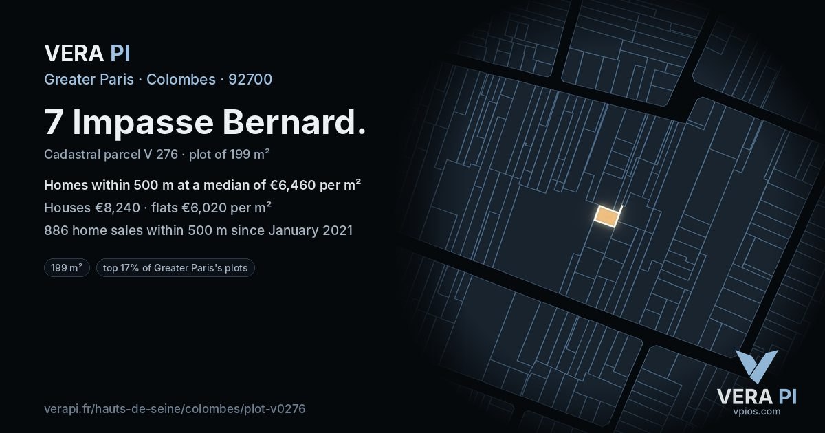 7 Impasse Bernard, Colombes at night – the plot lit, the parcels around coloured by the prices near them
