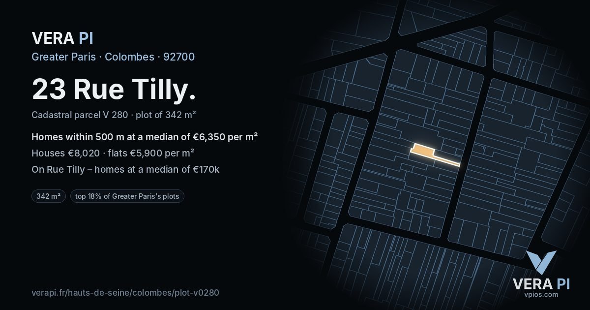 23 Rue Tilly, Colombes at night – the plot lit, the parcels around coloured by the prices near them