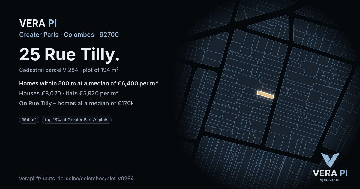 25 Rue Tilly, Colombes at night – the plot lit, the parcels around coloured by the prices near them