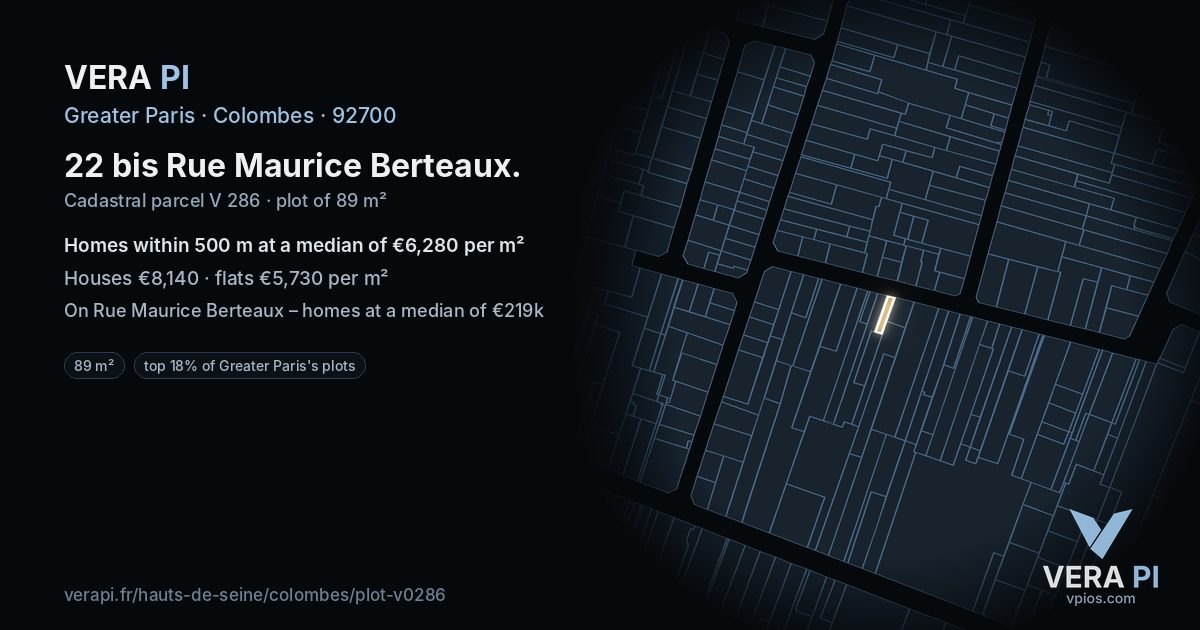 22 bis Rue Maurice Berteaux, Colombes at night – the plot lit, the parcels around coloured by the prices near them