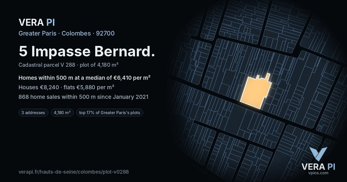 5 Impasse Bernard, Colombes at night – the plot lit, the parcels around coloured by the prices near them