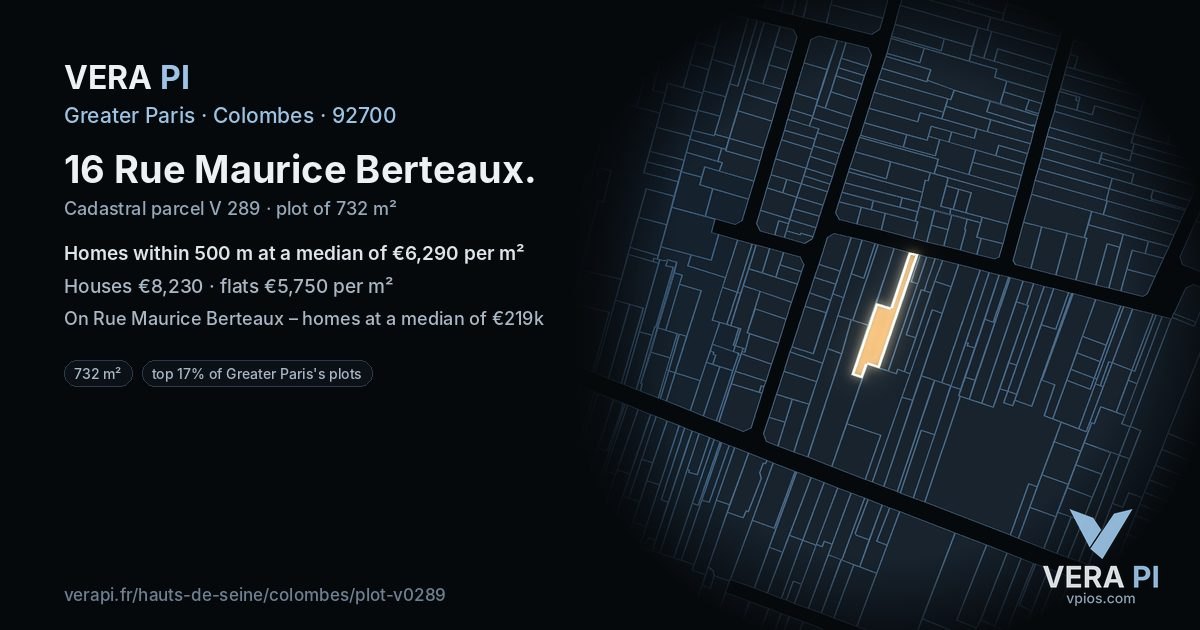 16 Rue Maurice Berteaux, Colombes at night – the plot lit, the parcels around coloured by the prices near them