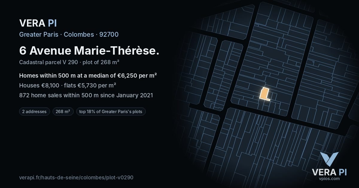 6 Avenue Marie-Thérèse, Colombes at night – the plot lit, the parcels around coloured by the prices near them