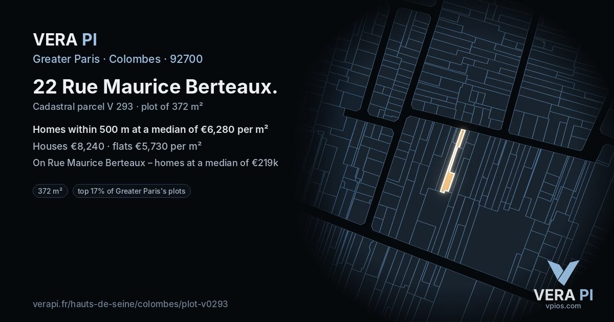 22 Rue Maurice Berteaux, Colombes at night – the plot lit, the parcels around coloured by the prices near them