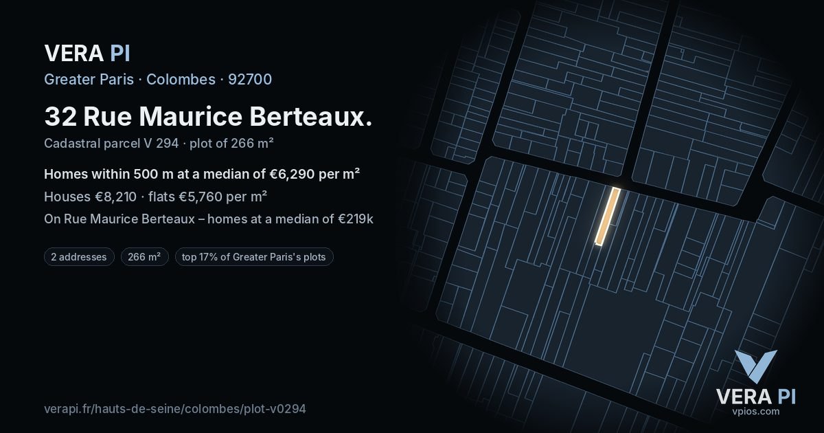32 Rue Maurice Berteaux, Colombes at night – the plot lit, the parcels around coloured by the prices near them