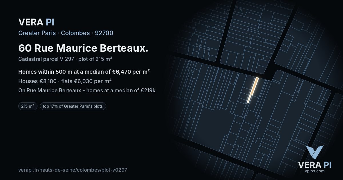 60 Rue Maurice Berteaux, Colombes at night – the plot lit, the parcels around coloured by the prices near them