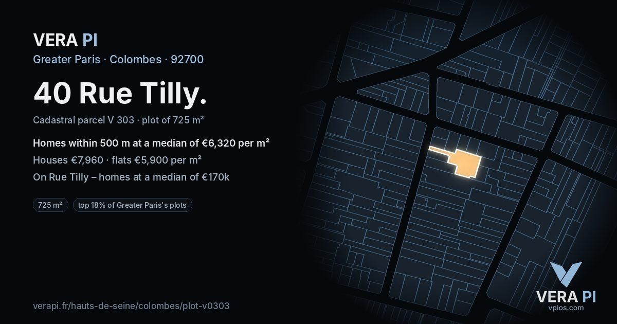40 Rue Tilly, Colombes at night – the plot lit, the parcels around coloured by the prices near them