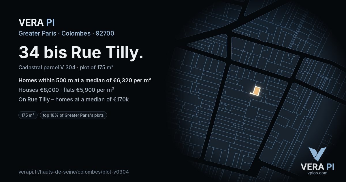 34 bis Rue Tilly, Colombes at night – the plot lit, the parcels around coloured by the prices near them