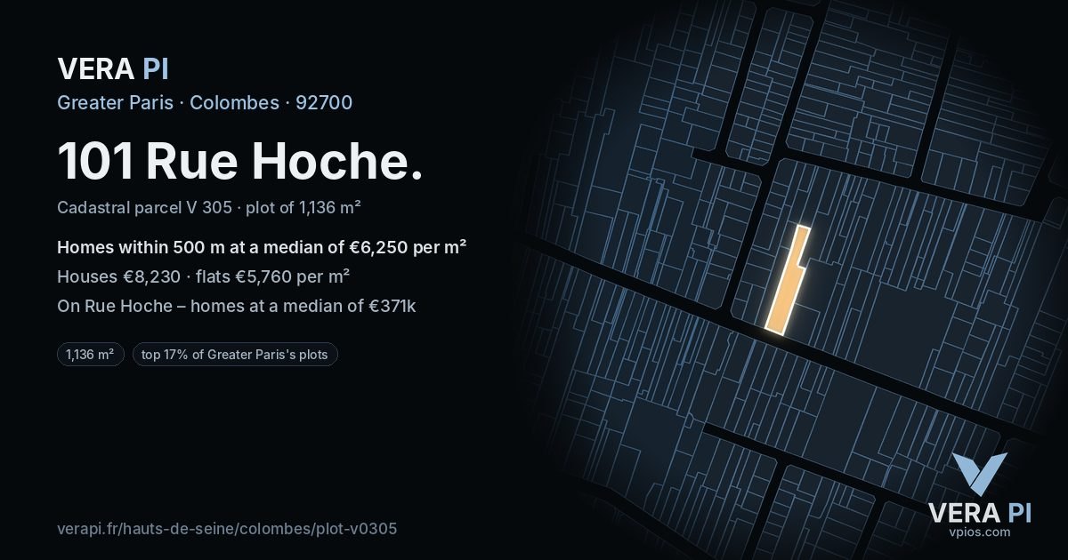 101 Rue Hoche, Colombes at night – the plot lit, the parcels around coloured by the prices near them