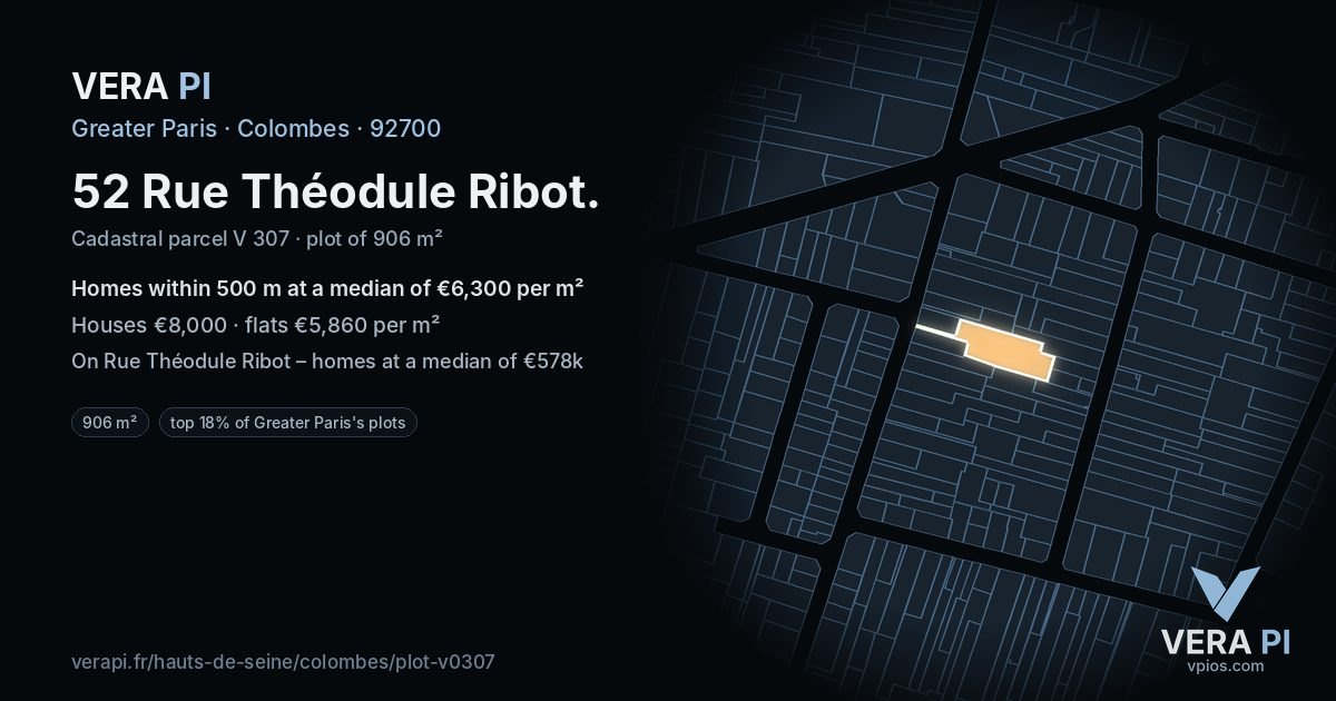 52 Rue Théodule Ribot, Colombes at night – the plot lit, the parcels around coloured by the prices near them
