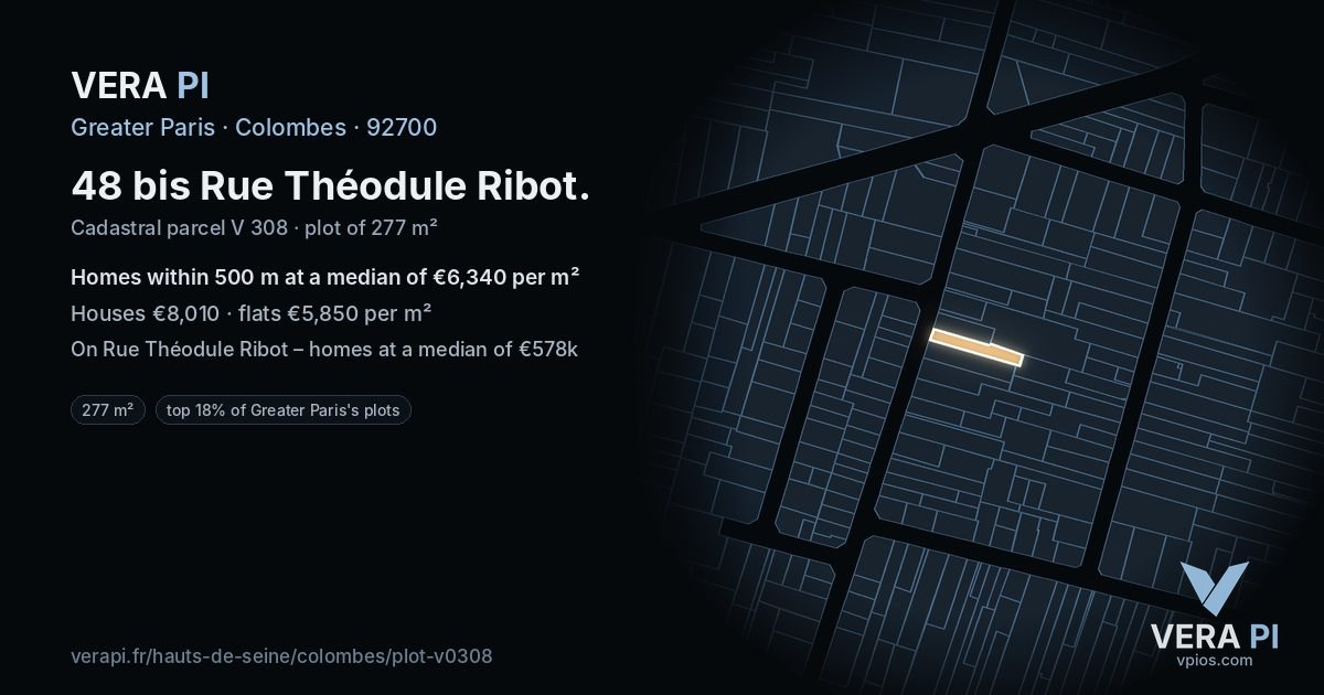 48 bis Rue Théodule Ribot, Colombes at night – the plot lit, the parcels around coloured by the prices near them