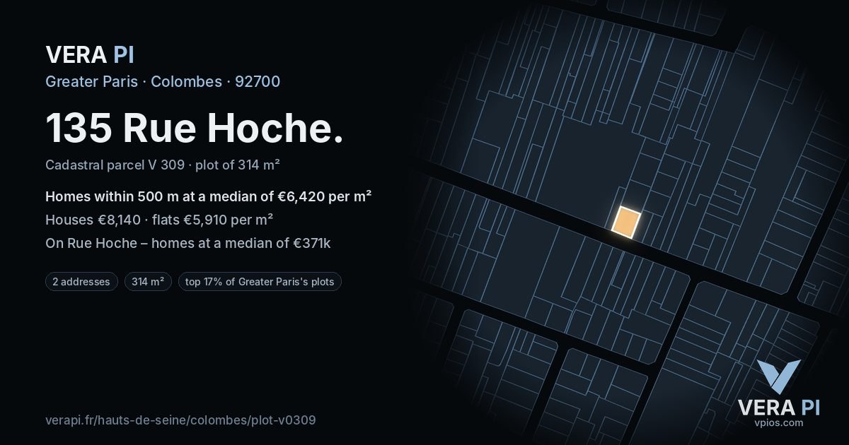 135 Rue Hoche, Colombes at night – the plot lit, the parcels around coloured by the prices near them