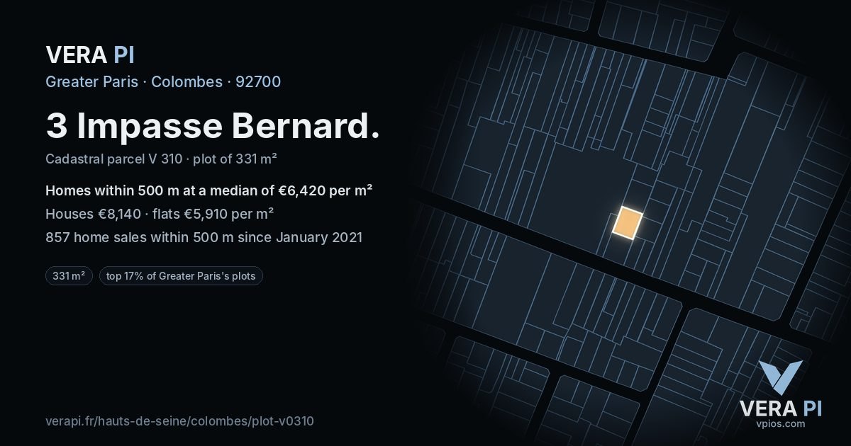 3 Impasse Bernard, Colombes at night – the plot lit, the parcels around coloured by the prices near them
