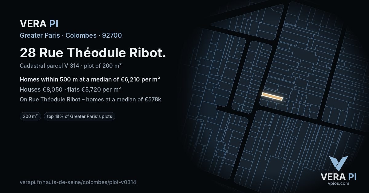 28 Rue Théodule Ribot, Colombes at night – the plot lit, the parcels around coloured by the prices near them