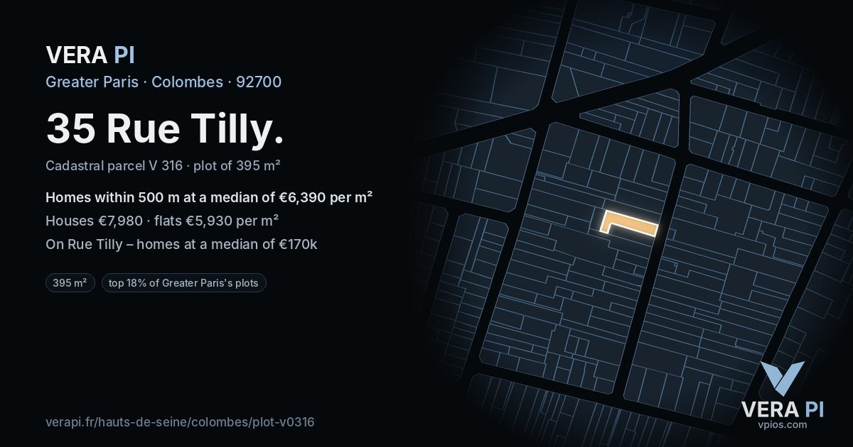 35 Rue Tilly, Colombes at night – the plot lit, the parcels around coloured by the prices near them