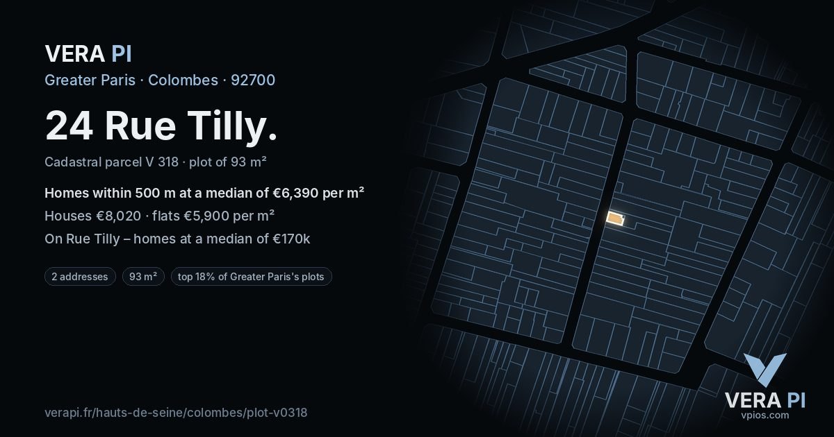 24 Rue Tilly, Colombes at night – the plot lit, the parcels around coloured by the prices near them