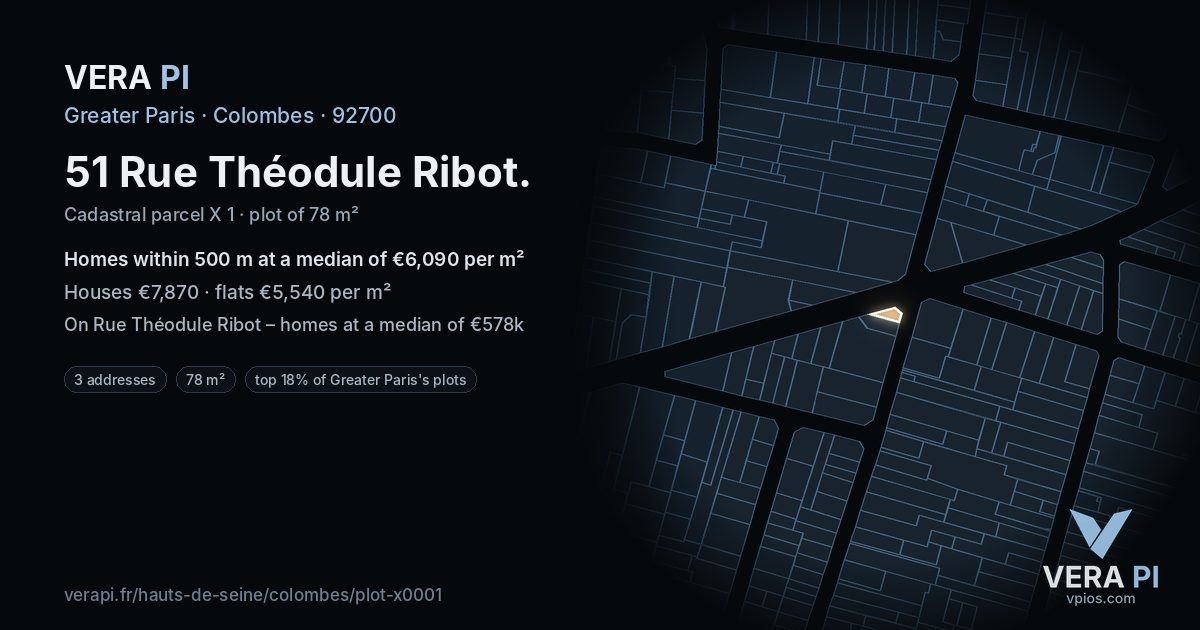 51 Rue Théodule Ribot, Colombes at night – the plot lit, the parcels around coloured by the prices near them