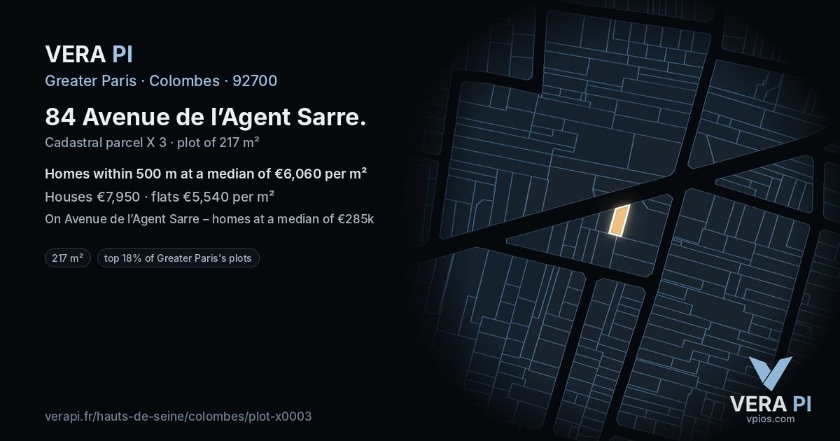 84 Avenue de l’Agent Sarre, Colombes at night – the plot lit, the parcels around coloured by the prices near them
